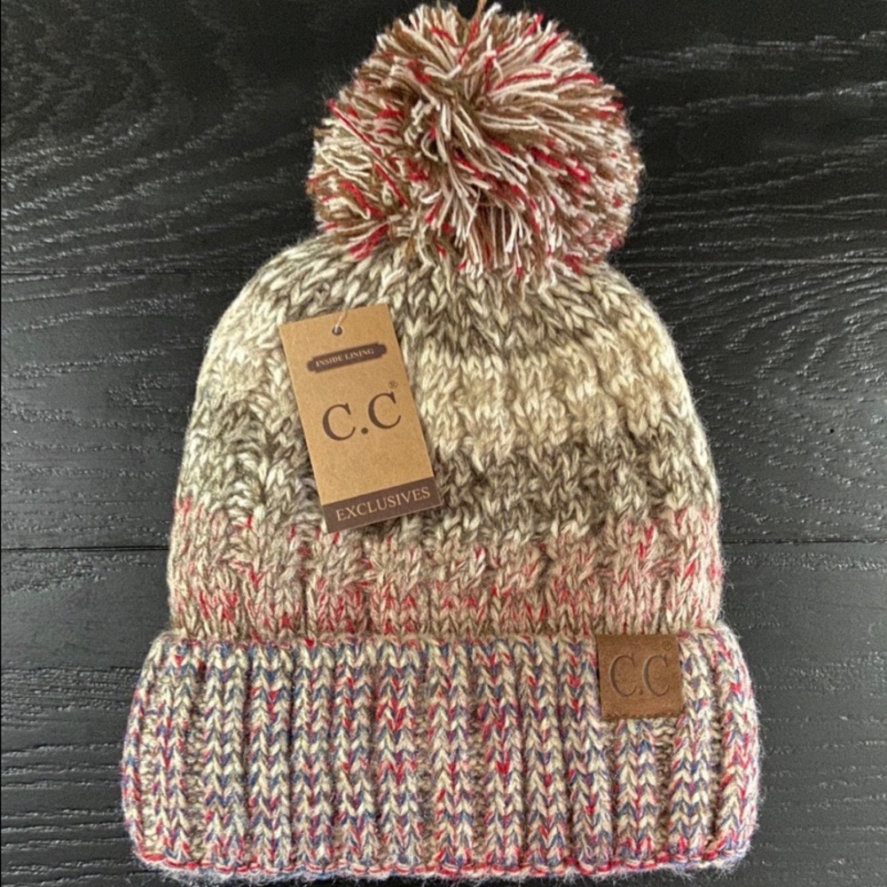 C.C Exclusives Beige Furry Lined Beanie with Pom